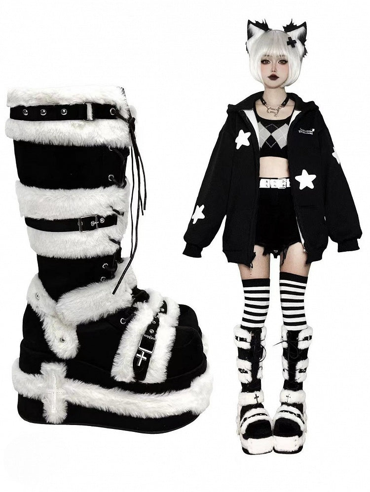 Y2K Details Dual Studded Cross Knee-High Platform Closure Accents Boots 9cm Black with -