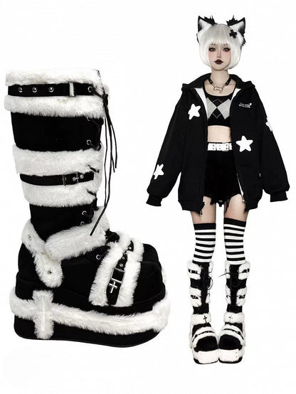 Y2K Details Dual Studded Cross Knee-High Platform Closure Accents Boots 9cm Black with -