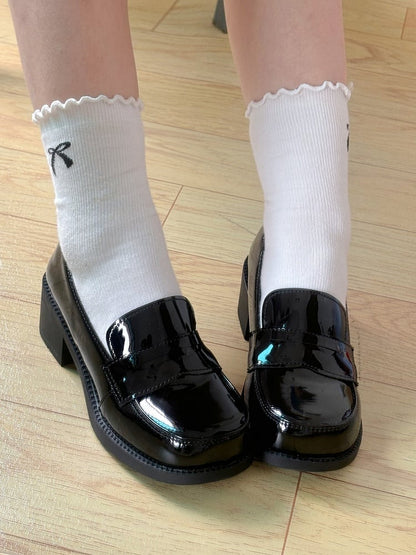 Style Mid-heel Black Preppy Loafers Round-Toe