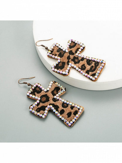 3-Color Y2K Leopard Print Cross Earrings with Rhinestone