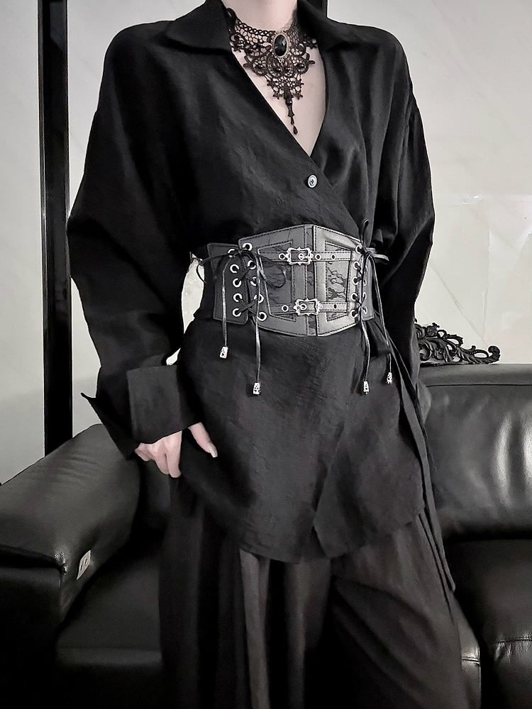 Belt Long Style Shirt Sleeve Self-tie Black Cheongsam