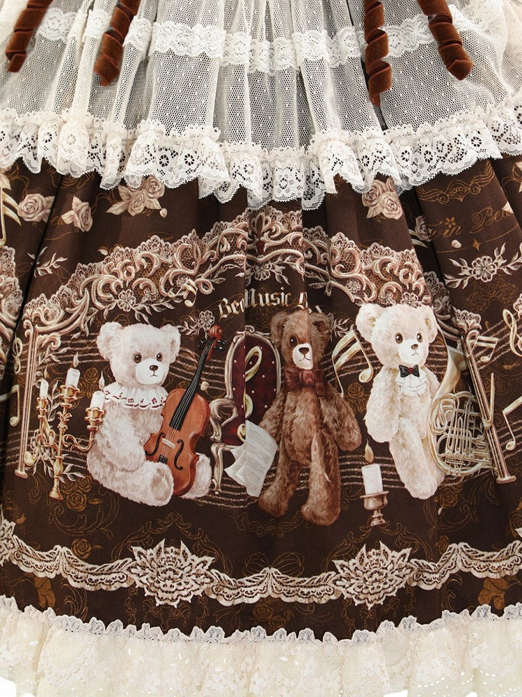 Vintage Brown Bear Symphony Theme Lolita JSK with Bow & Lace Accents - Twin Bear Original Design