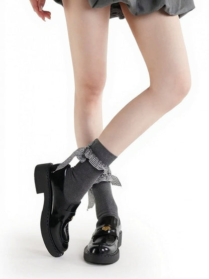 Ribbed Ankle Socks with Plaid Bow Decoration - ModaSwings
