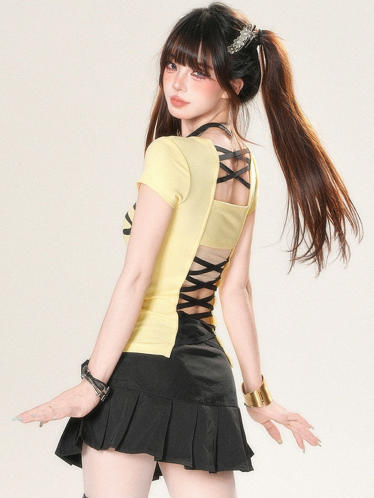 華やかなバックデザイン ホワイト/イエロー/ブラック Tシャツ レタープリント クロス