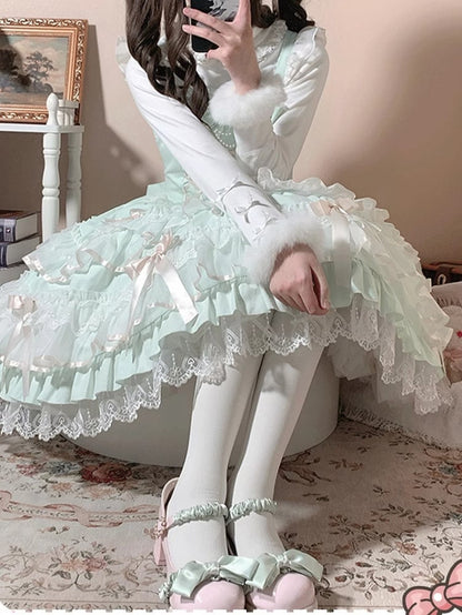 Schnürung an der Taille, Spitzenbesatz, Ärmel, Old School Lolita Baumwolle, Grün, Mint, Pullover, Flatterrock, Kleid