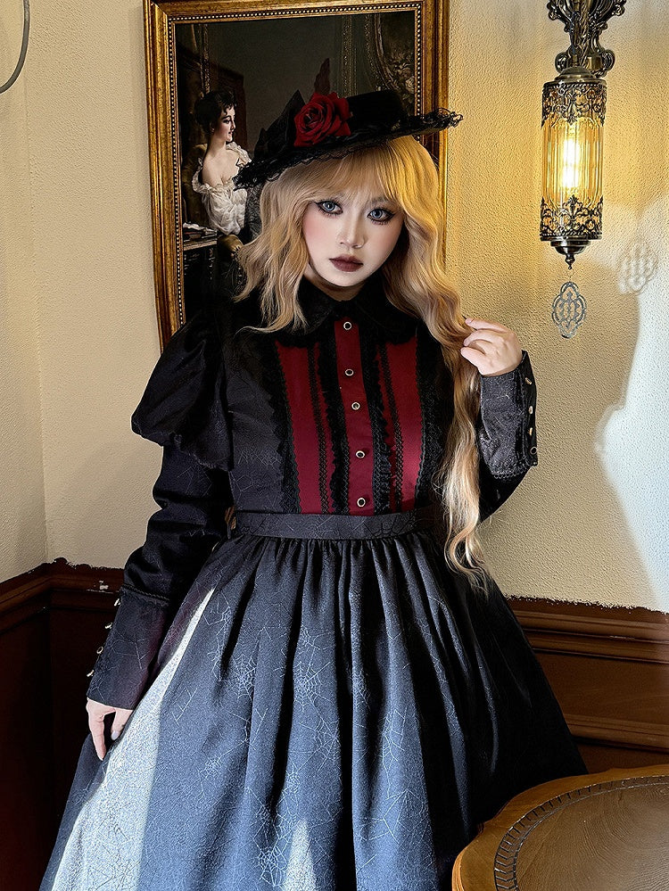 Lolita and Gothic with Lace Pattern Dress Spider Web Trim Black Juliette Sleeves