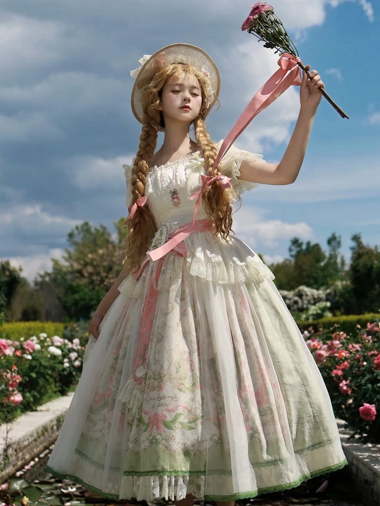 スカートウエスト+花柄サイズ伸縮性プリントクラシックスクエアネックラインプラス利用可能なロリータセットエレガントなブラウス