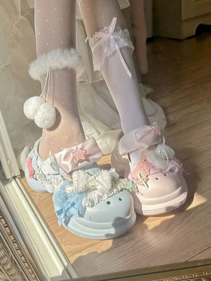 Crocs-style Bow Accents Pink Sweet Lolita with Blue Clogs Star Decor Platform