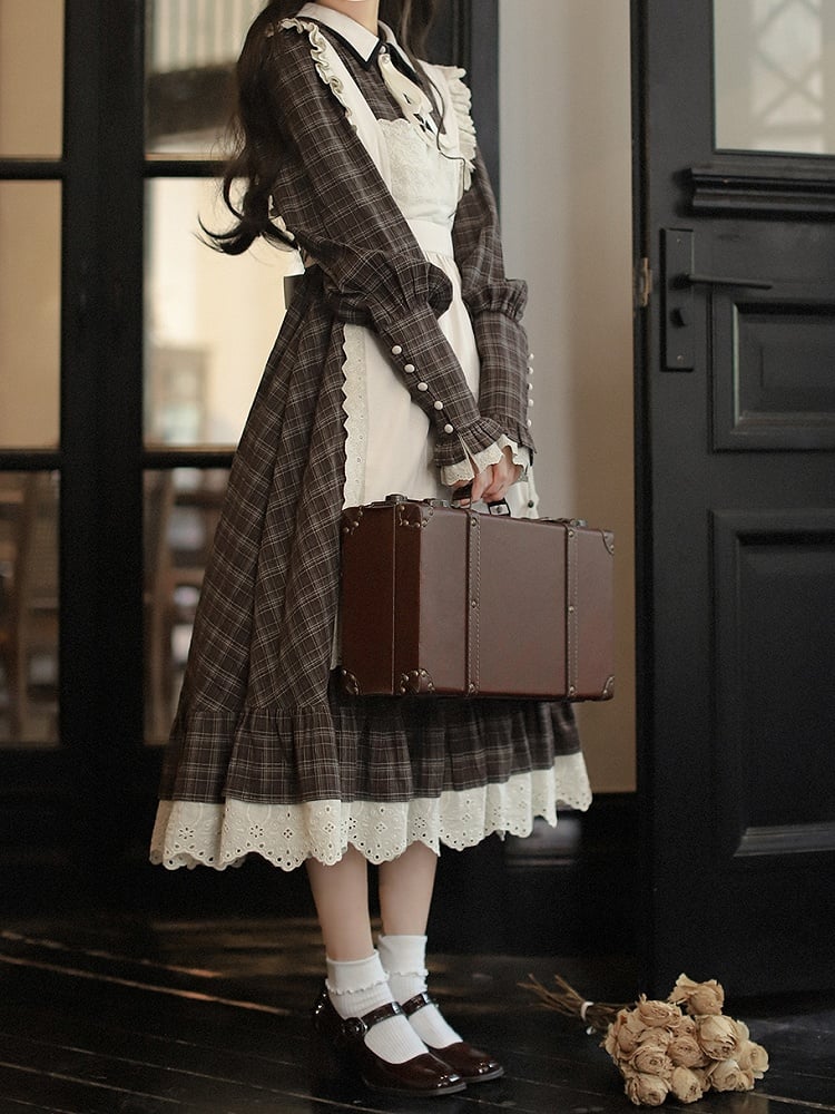 Ärmel Braun kariertes langes und beiges Spitzenkleid mit Taillengürtelbesatz