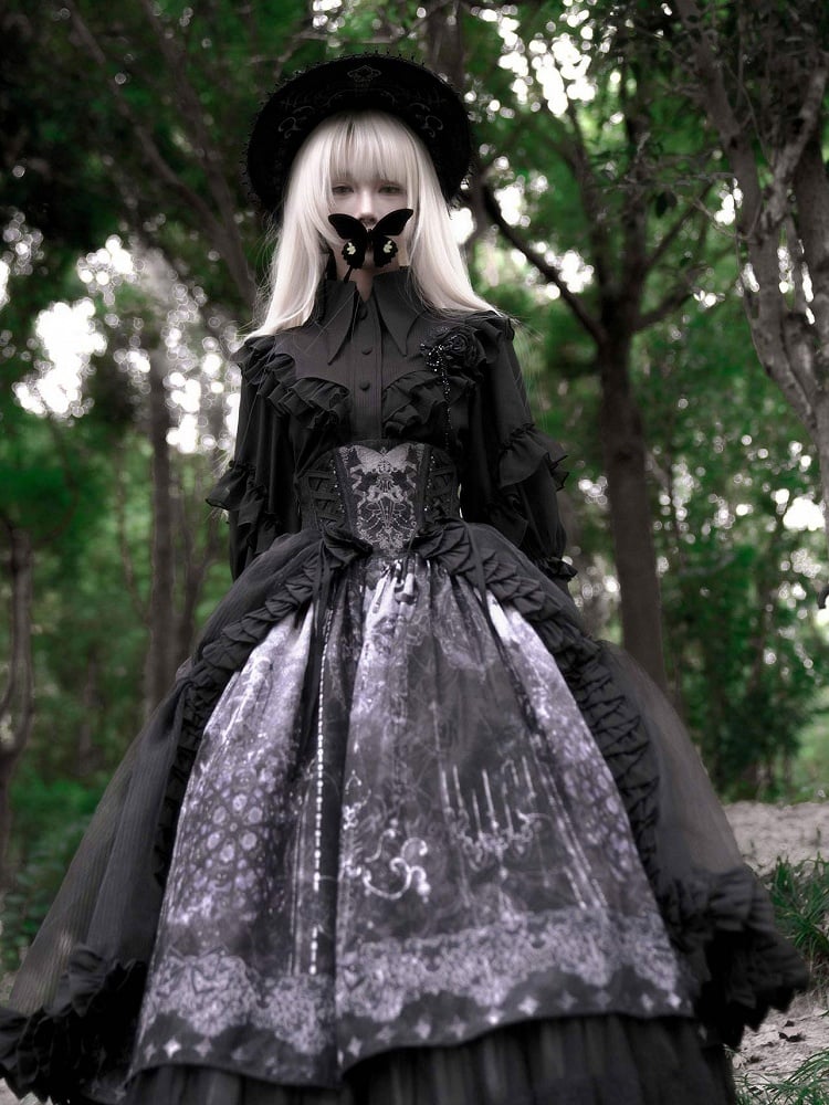 Sleeves Collar Lolita Long Shirt with Ruffles Black Sharp Gothic