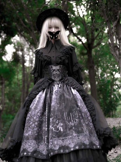 Sleeves Collar Lolita Long Shirt with Ruffles Black Sharp Gothic