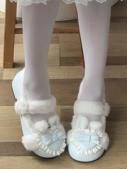 Plush Heart Light Blue Winter Lolita Round-Toe Footwear - Cute Bunny