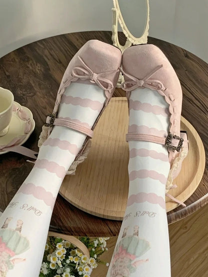 Mid - Toe Bow Lolita Pink Elegant for Square Heel Mary Janes Accent with