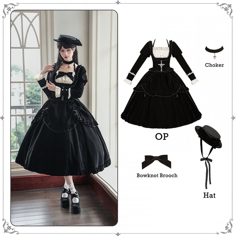 Velvet Hat Waist + Boned for Brooch Basque Bow Dress Choker Autumn/Winter Lolita Black Long Set Version