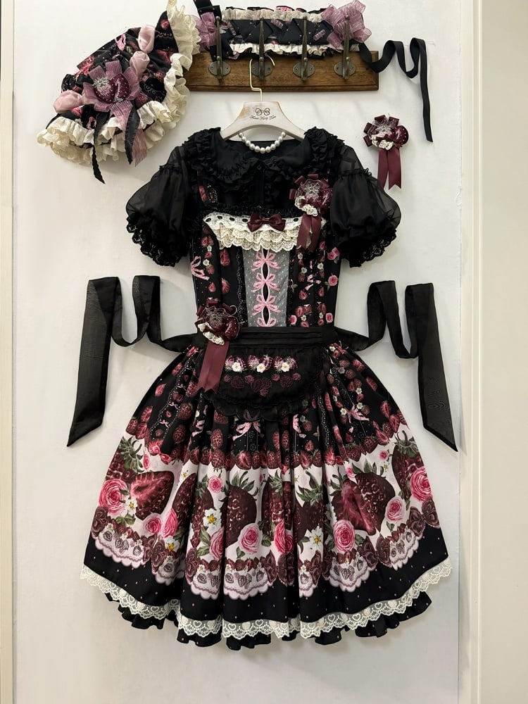 Floral Strawberry Rose Print Black Puff Sleeve JSK