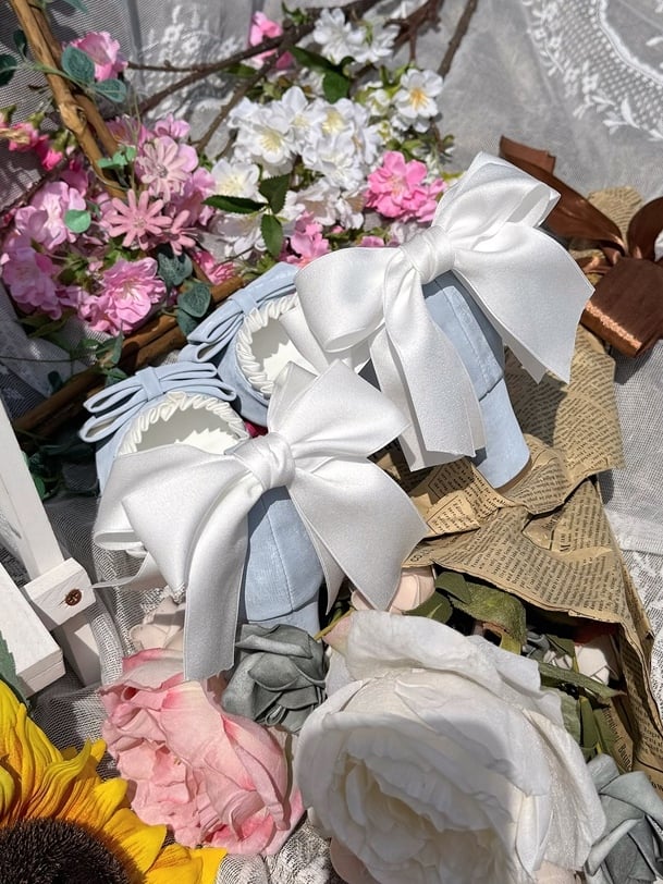 Classic Bowknot PU Details Mid-heel Blue in Ruffles with Lolita Shoes Trim Leather