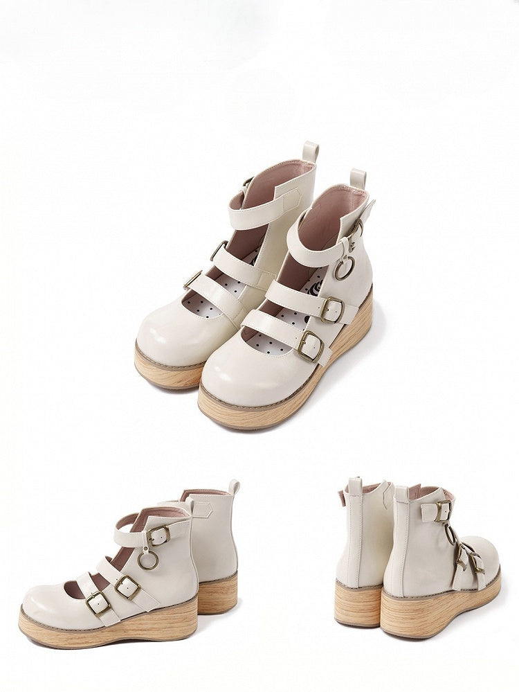 - Plateaus Off-White Vintage Runde Holzsohle 3 Riemen Zehenbereich cm Keilabsatz Maserung Schnalle 3–5