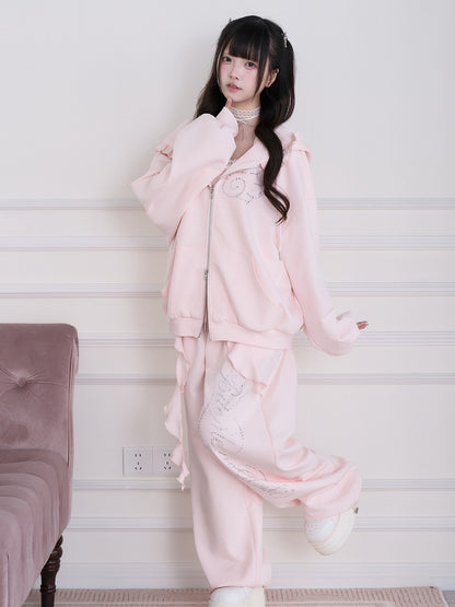 Pink Straight-Leg Pants with Rhinestone Embellishment - No Genki