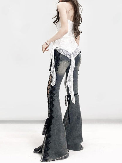 Trim Jeans Lace Blue Bittersweet Detail Flare Glamorous Side Silhouette Lace-up