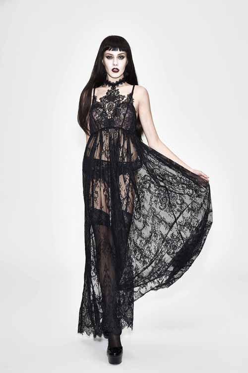 Black Sheer Lace High-Waist Sexy Halter Long Gothic Dress for Women