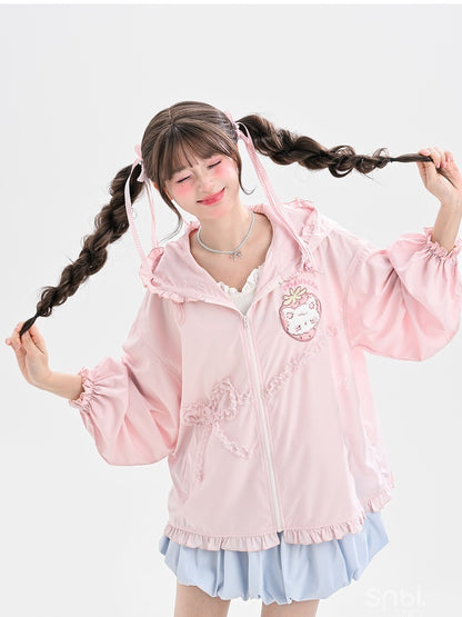 レース ゆめかわいい ピンク ストロベリーアップリケ ジャケット 蝶結び 日焼け防止 フード付き