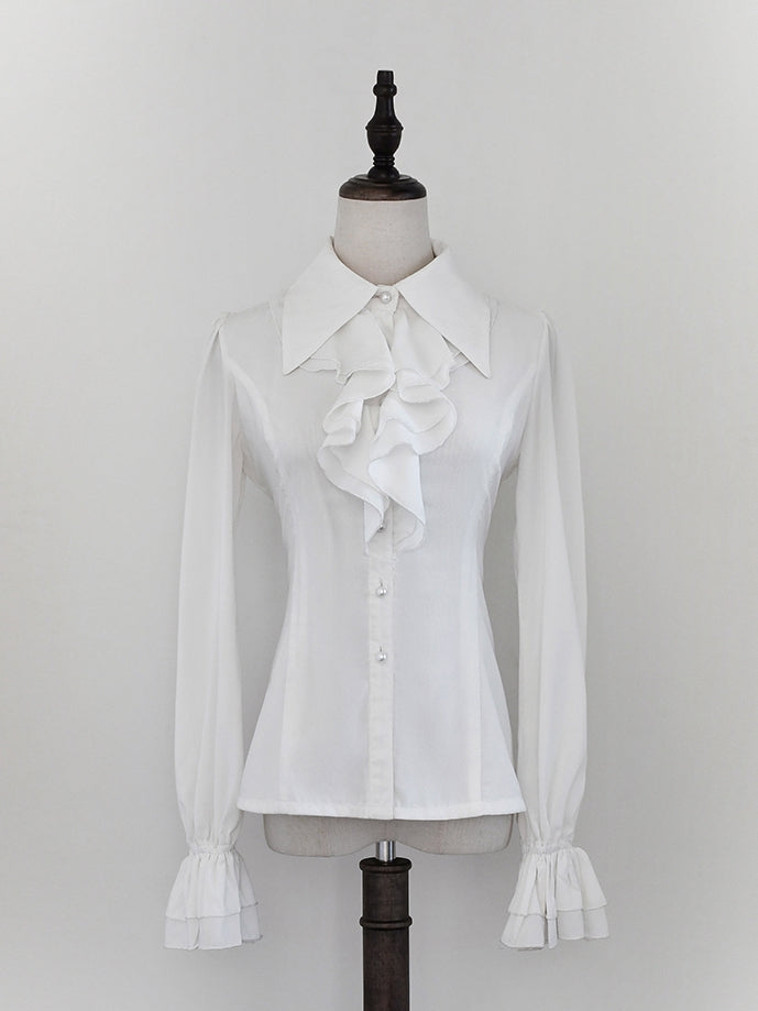 White Cascading Ruffle Pointed Foldover Collar Gothic Lolita Long Sleeves Shirt