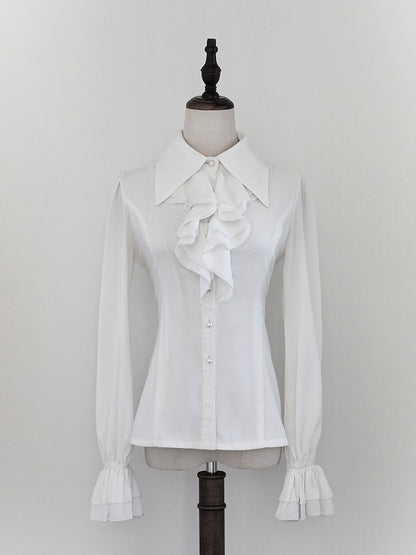 White Cascading Ruffle Pointed Foldover Collar Gothic Lolita Long Sleeves Shirt