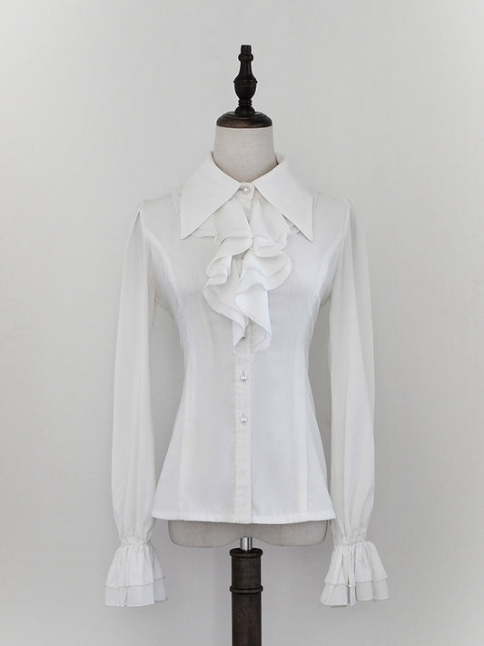 White Cascading Ruffle Pointed Foldover Collar Gothic Lolita Long Sleeves Shirt