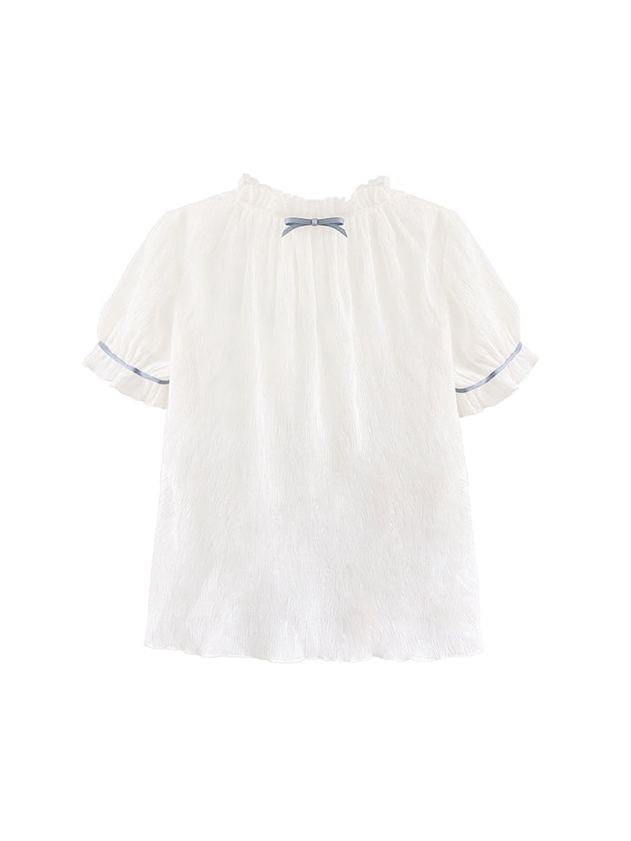 Top Beige Sleeves Ruffle Puff Neckline