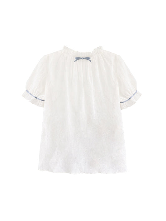 Top Beige Sleeves Ruffle Puff Neckline