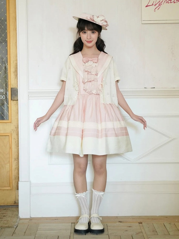 Trims Lolita Accent Beige Pink with Lace Dress and Collar Sailor Bow