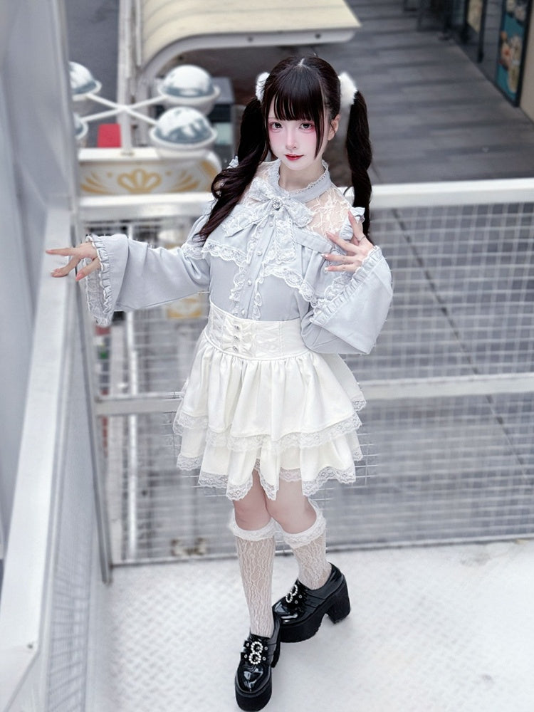 Three-Piece Sleeve Jirai Blouse Flared Blue Kei Set: Cutout Shoulder