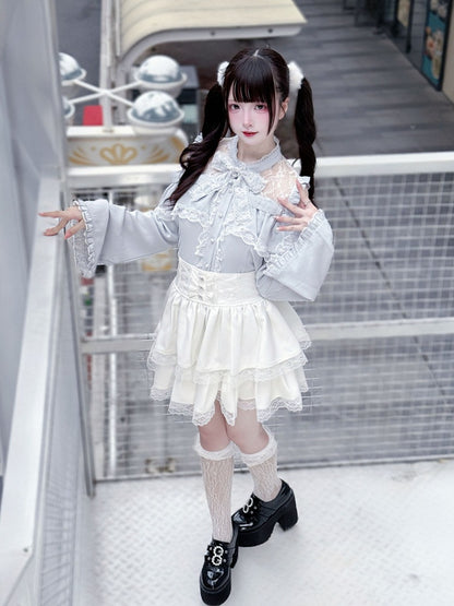 Three-Piece Sleeve Jirai Blouse Flared Blue Kei Set: Cutout Shoulder