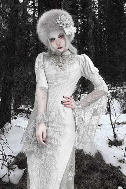 Silver V-Neck Long Sleeves High-Waisted Ruffle Lace Gothic Fishtail Dress