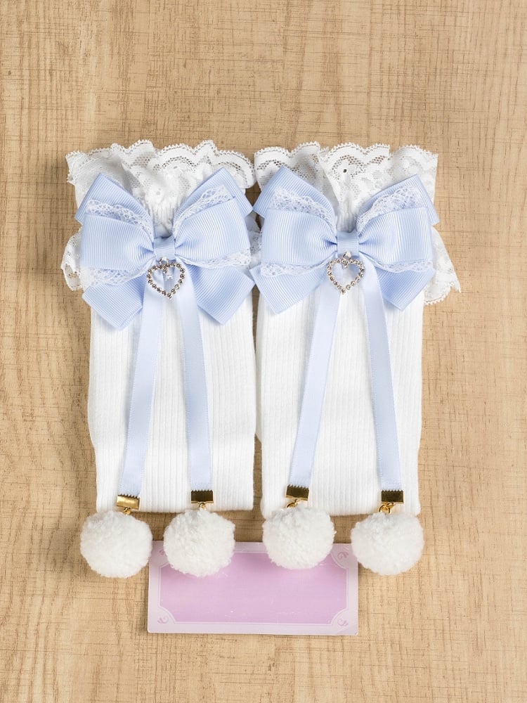 ジライケイ ポンポンディテール レースカフス 蝶結び オーバーニーストッキング