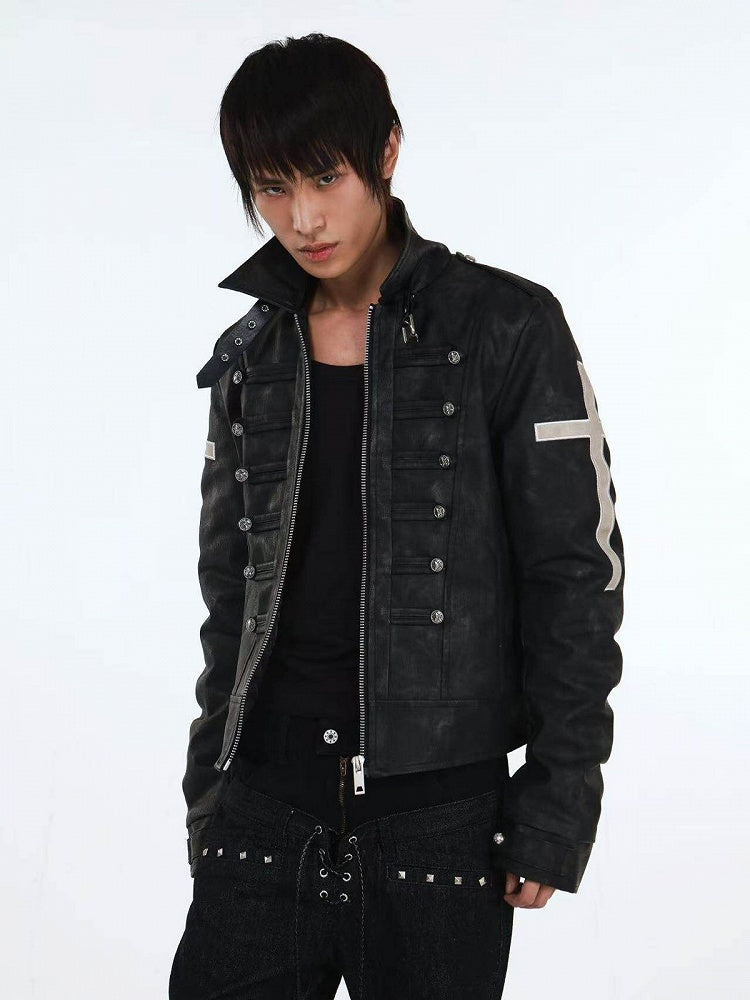 Genderless Punk Black Double-Breasted Decorative Faux Leather Jacket with Cross Pattern - DETW OnLine