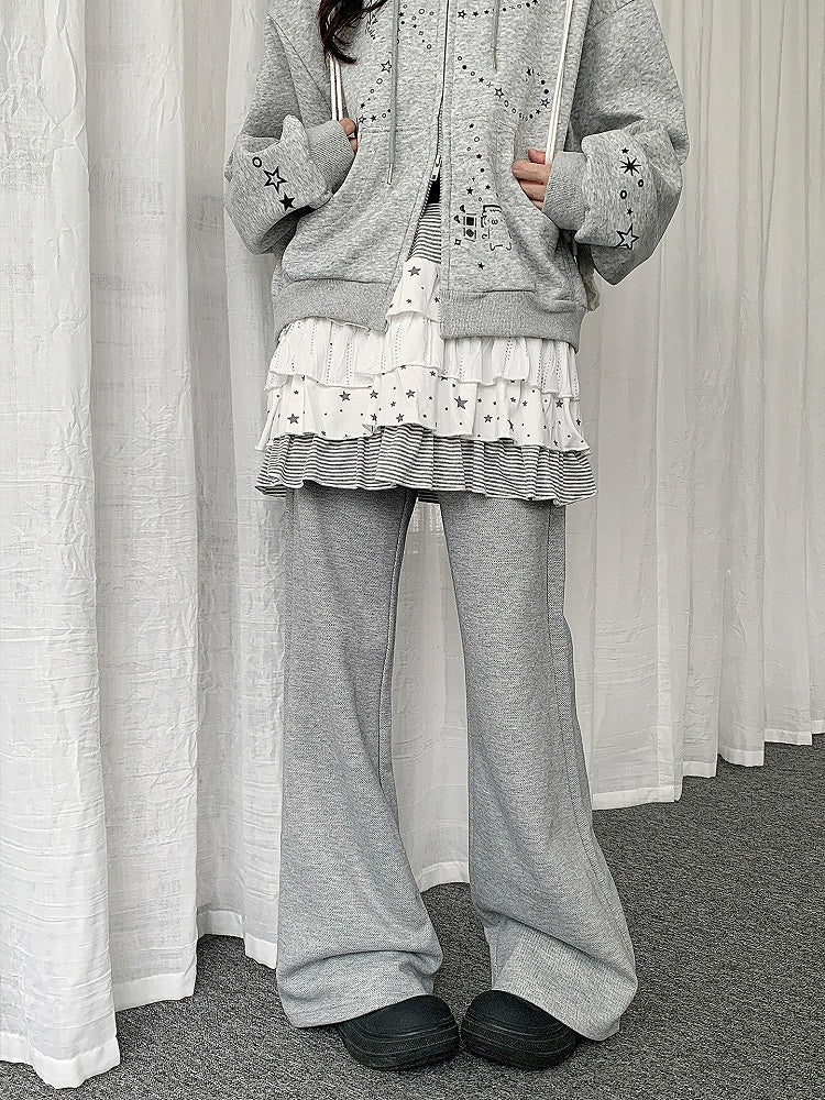 Waist Flared Rhinestone Gray Drawstring Pants with Heart Design