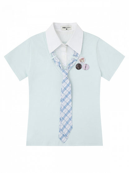 Preppy Fake Two-Piece Turn-Down Collar Short Sleeve Top in Light Blue with Plaid Tie and Badges - Languid Park