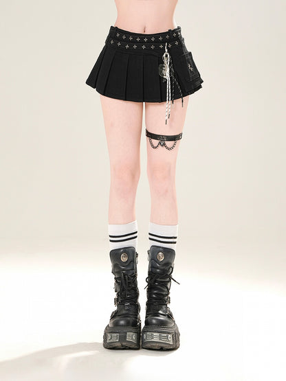 スカート ローウエスト ブルー/ブラック クロス装飾 ミニプリーツ デニム