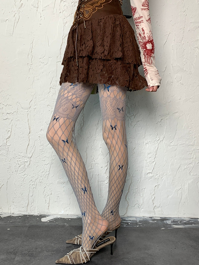 Fishnet Gray Design Cut-out Tights Y2K