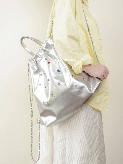 Glamorous Silver Drawstring Backpack With Rhinestone Embellishments