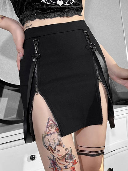 Punk Skirt Short Zippers with Straps Hook Black Halloween Dual