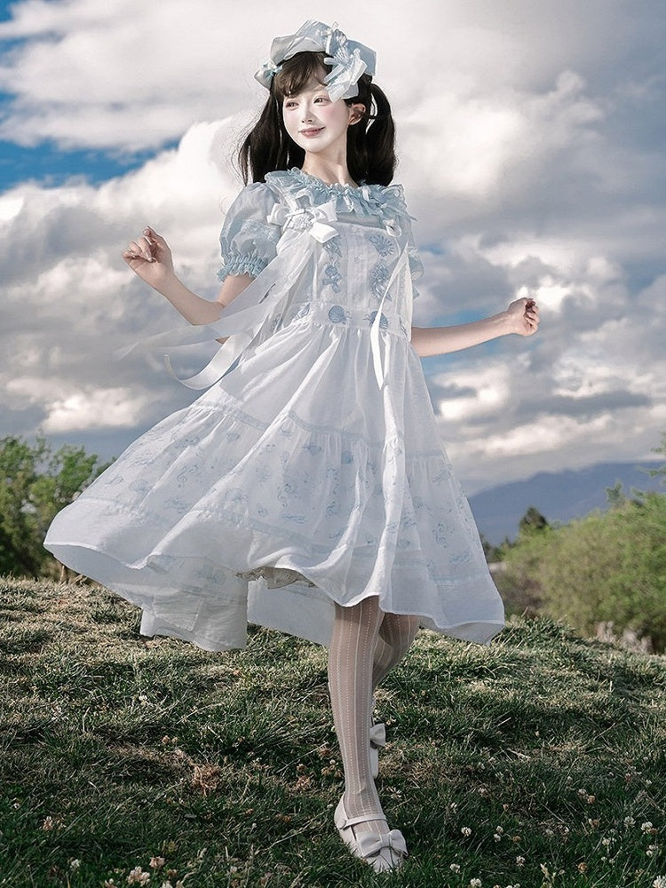 Light Blue Sheer Short-Sleeve Crew Neck Tencel Blouse with Lace - Yimu Walnut