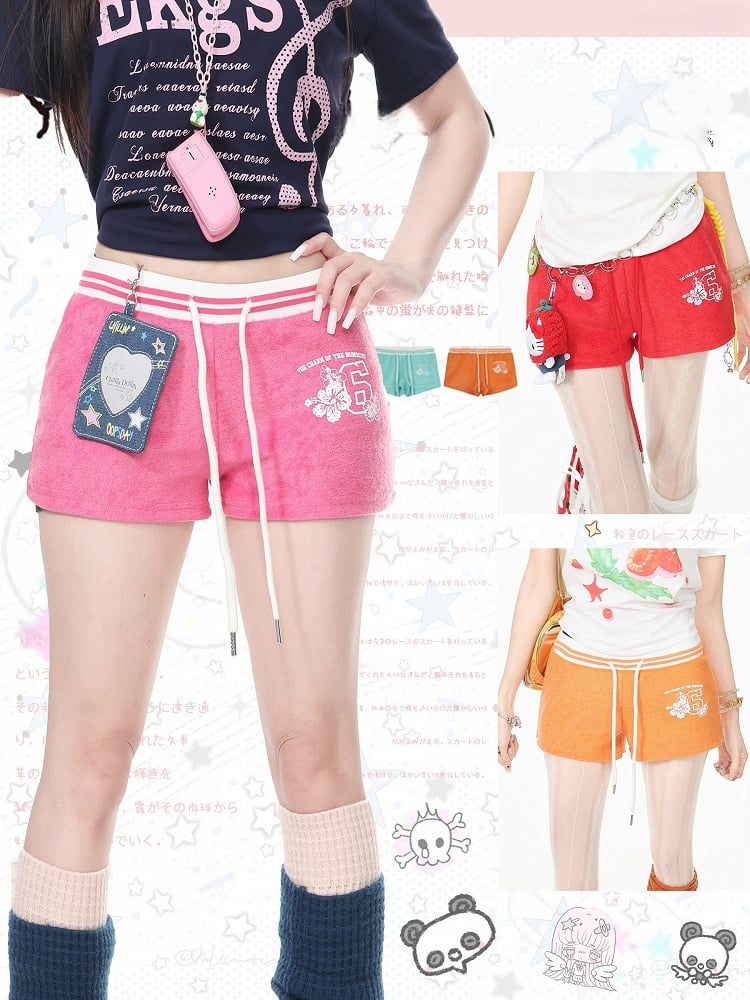 Casual Kawaii Red Letter Print Drawstring Shorts - Languid Park