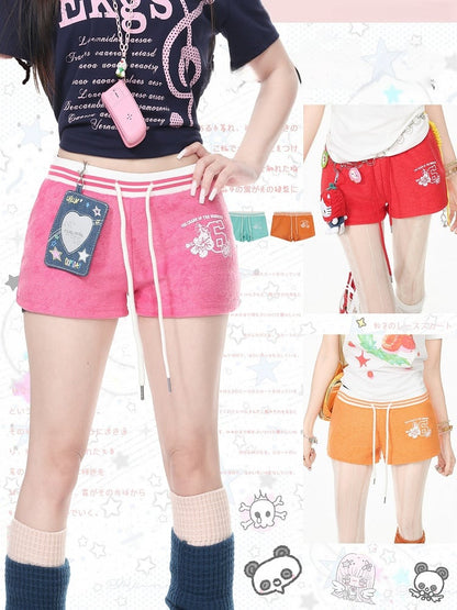 Casual Kawaii Red Letter Print Drawstring Shorts - Languid Park