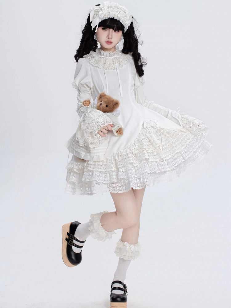 All White Ruff Collar Old School Long Sleeves Shiro Lolita Dress
