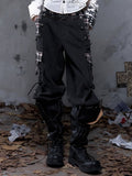 Black Plaid Punk Buttons with Metal Pants Vintage Cargo Patchwork
