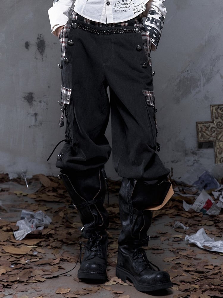 Black Plaid Punk Buttons with Metal Pants Vintage Cargo Patchwork