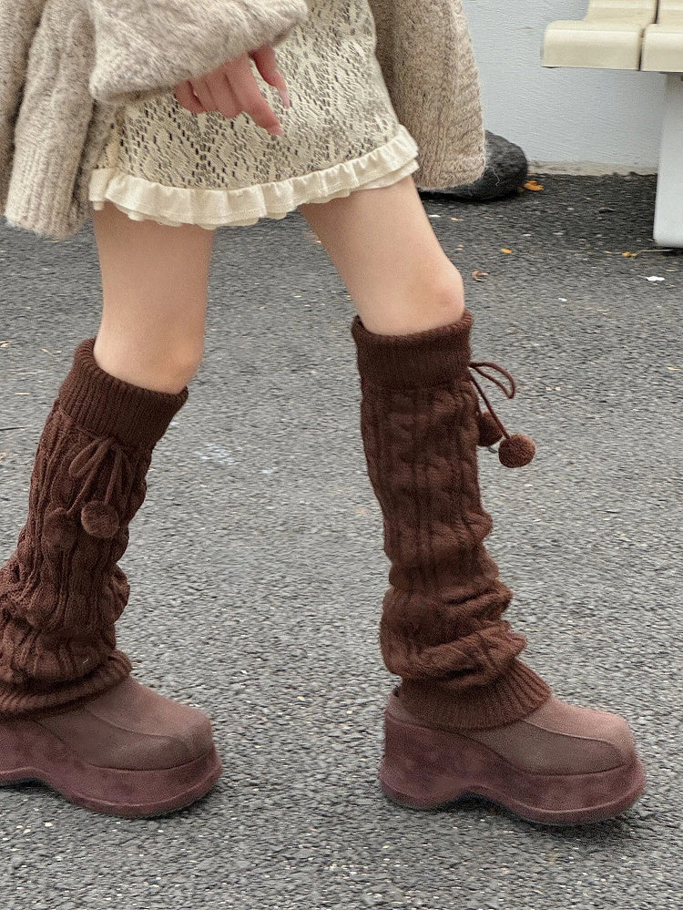 with Pom-Pom Ties Cable Leg Warmers Knit