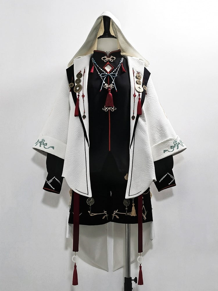 Top with Copper Hooded Ouji Charms Fashion and Chinoiserie Coin Jacquard Tassel White